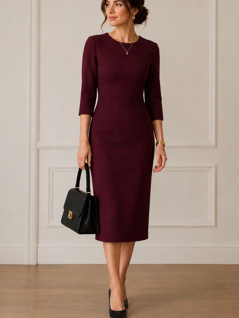 GOAT Fashion Deep Plum 100% Wool Tailored Sheath Midi Dress UK 8 US 4 OLD Money